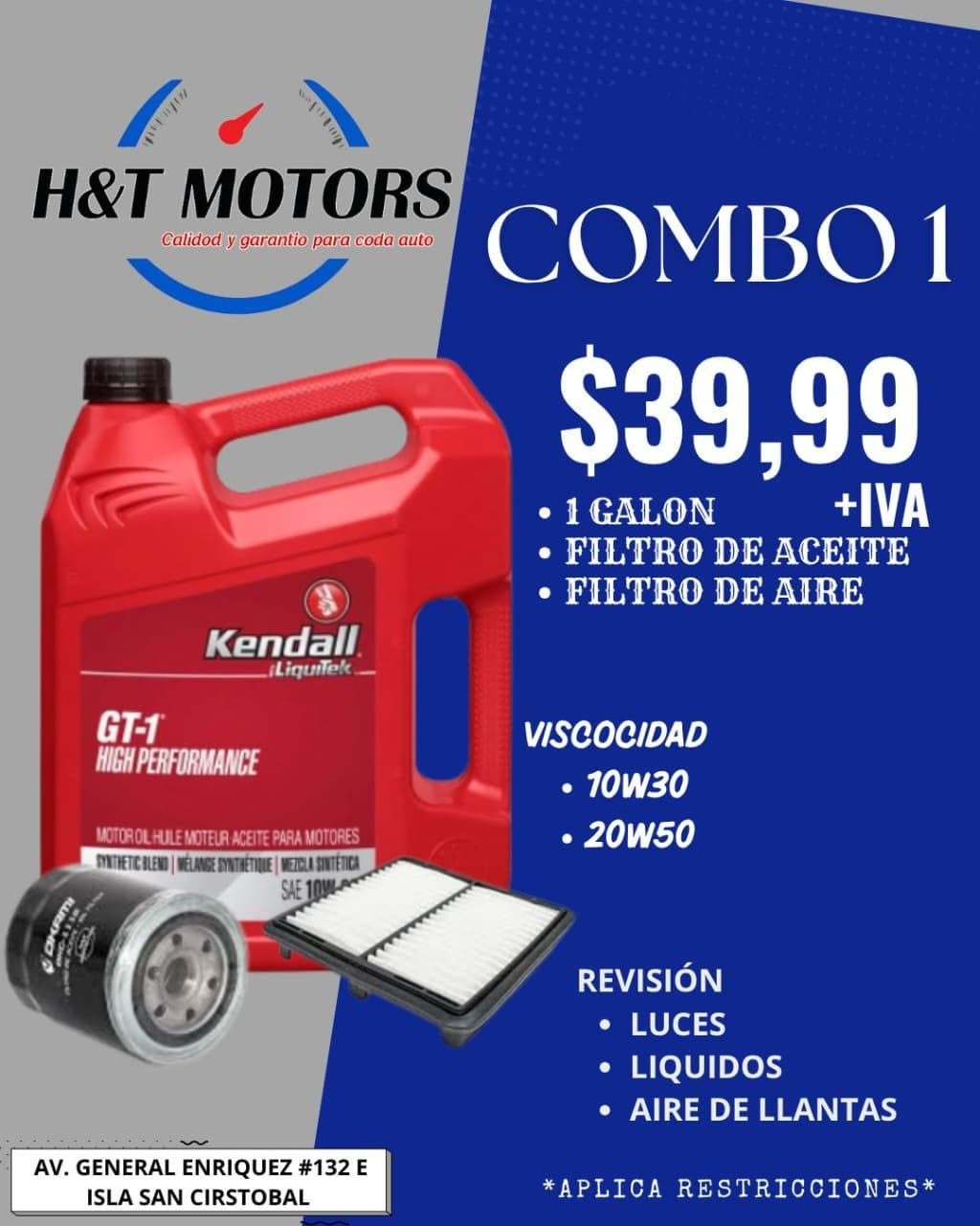 Arte del Combo 1 de H&T MOTORS: 39,99 mas IVA por un galon de aceite Kendall GT-1, filtro de aceite y filtro de aire, viscosidad 10W30 o 20W50, con revision de luces, liquidos y aire de llantas