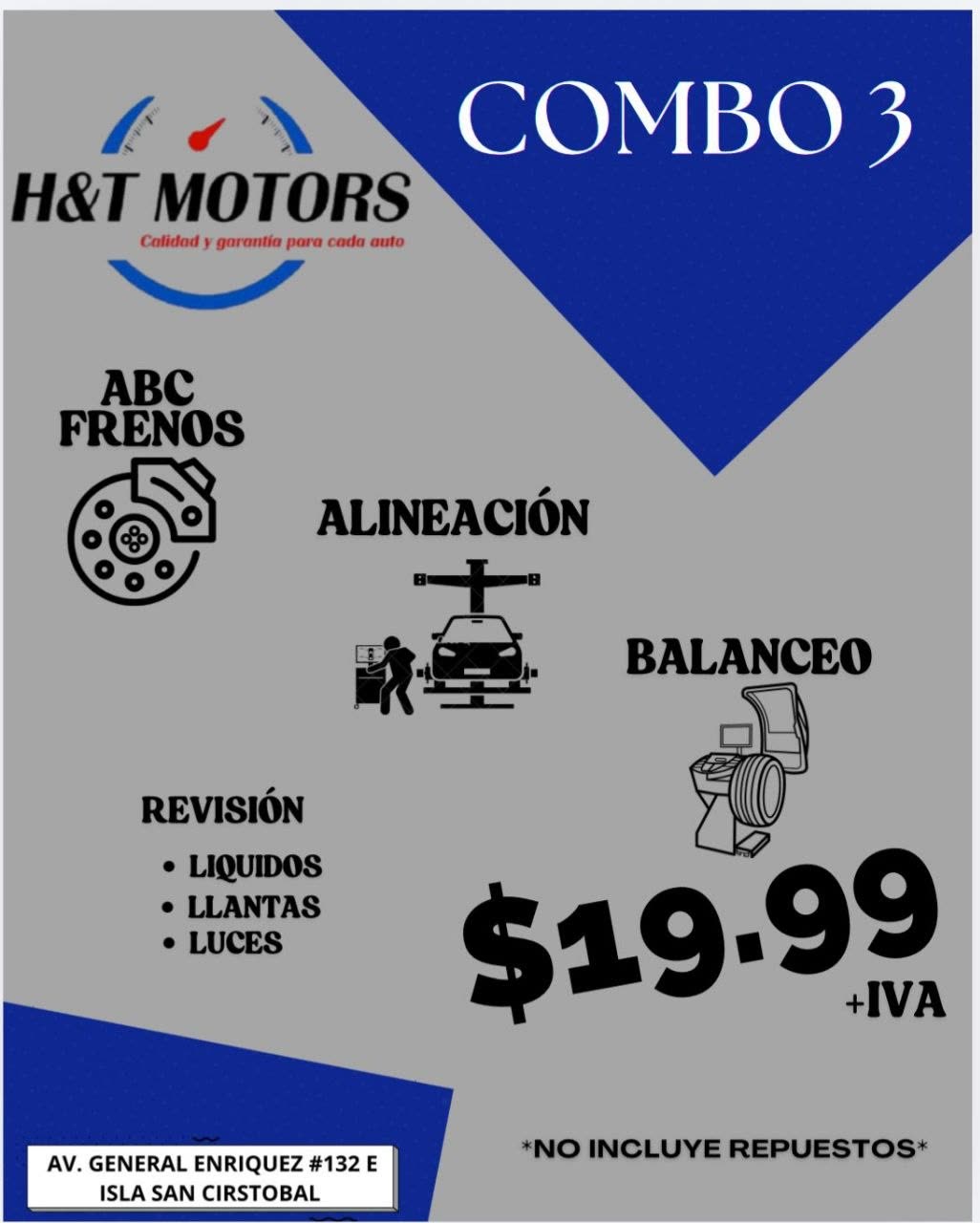Arte del Combo 3 de H&T MOTORS: ABC de frenos, alineacion y balanceo por 19,99 mas IVA, con revision de liquidos, llantas y luces