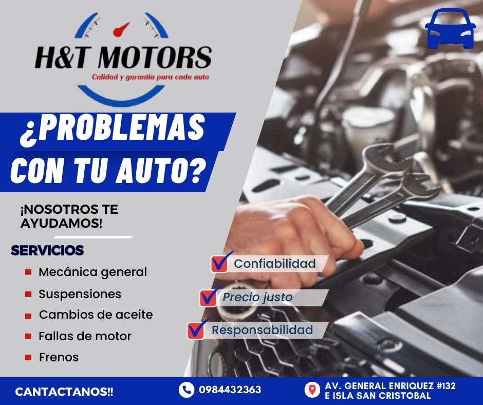 Pieza de H&T MOTORS: «¿Problemas con tu auto? ¡Nosotros te ayudamos!», con mecanica general, suspensiones, cambios de aceite, fallas de motor y frenos, y los valores confiabilidad, precio justo y responsabilidad