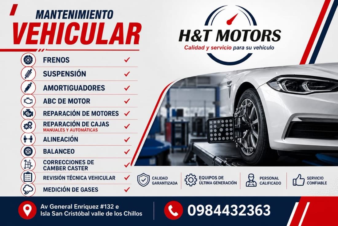 Ficha de mantenimiento vehicular de H&T MOTORS con los once servicios marcados: frenos, suspension, amortiguadores, ABC de motor, reparacion de motores, reparacion de cajas manuales y automaticas, alineacion, balanceo, correcciones de camber caster, revision tecnica vehicular y medicion de gases